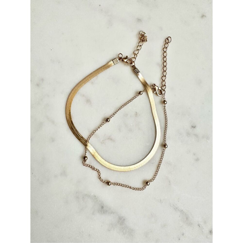 Chain-link with small gold balls and snake chain anklet set of two ￼